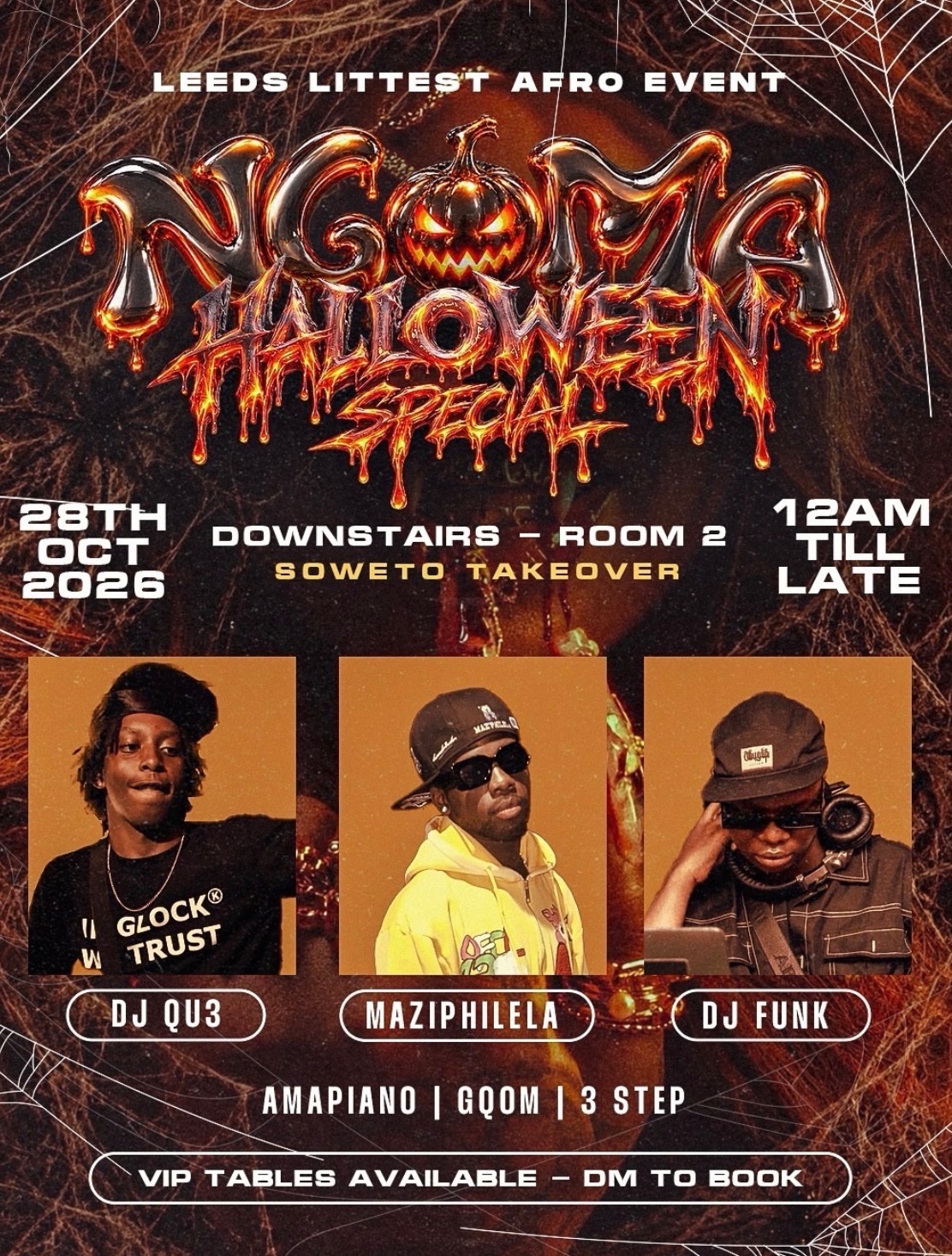 Full Ngoma Halloween Special flyer featuring Mazphilela, DJ QU3, DJ Funk